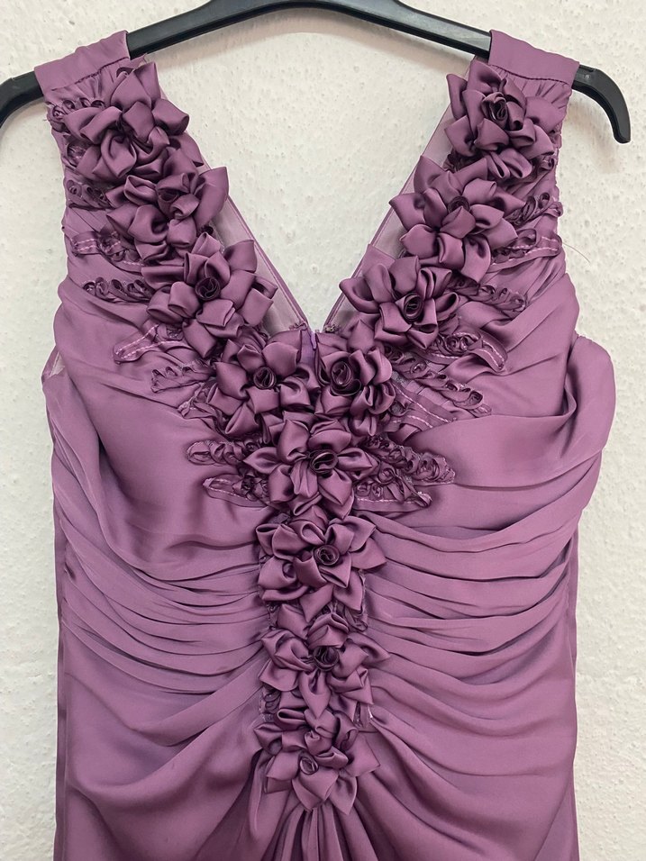 Mor Fırfırlı V Yaka Saten Kadın Abiye Elbise - Görsel 5