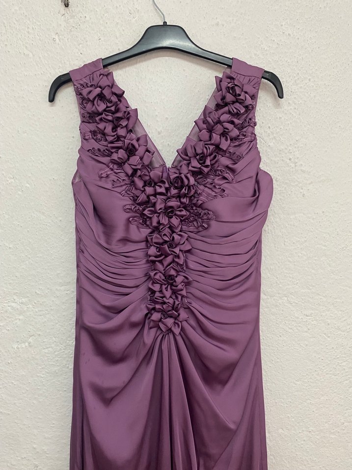 Mor Fırfırlı V Yaka Saten Kadın Abiye Elbise - Görsel 2
