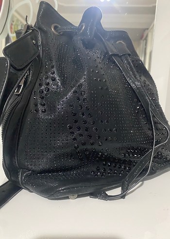 Siyah Desenli Taşlı  Deri Büzgülü  Kadın Çanta - Görsel 4