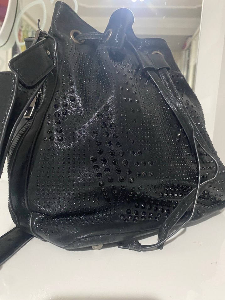 Siyah Desenli Taşlı  Deri Büzgülü  Kadın Çanta - Görsel 4