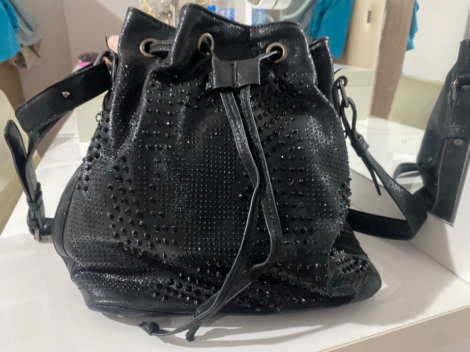 Siyah Desenli Taşlı  Deri Büzgülü  Kadın Çanta - Görsel 2