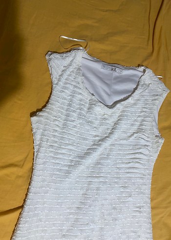 Ekru U Yaka Kolsuz Mini  Elbise - Görsel 5