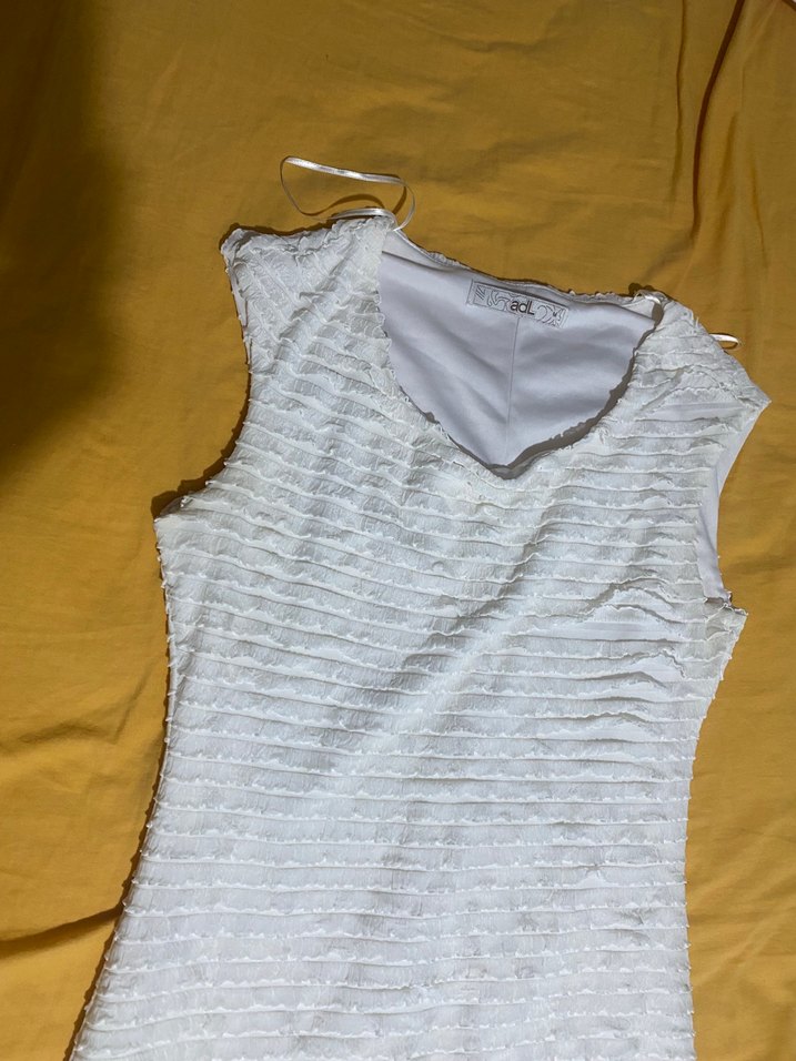 Ekru U Yaka Kolsuz Mini  Elbise - Görsel 5