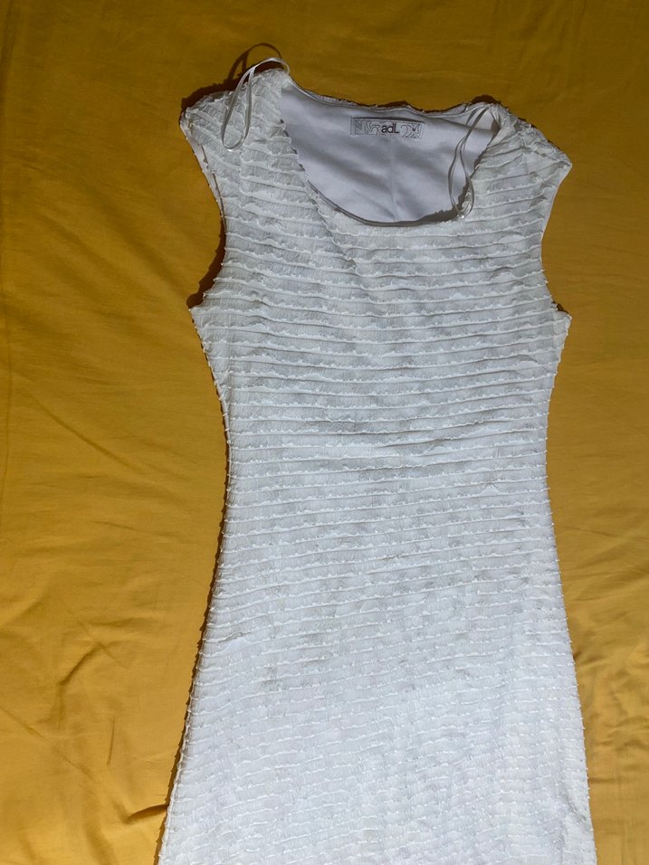 Ekru U Yaka Kolsuz Mini  Elbise - Görsel 3