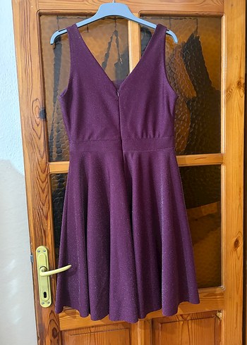 Parlak Mor V Yakalı Midi Abiye Elbise - Görsel 2