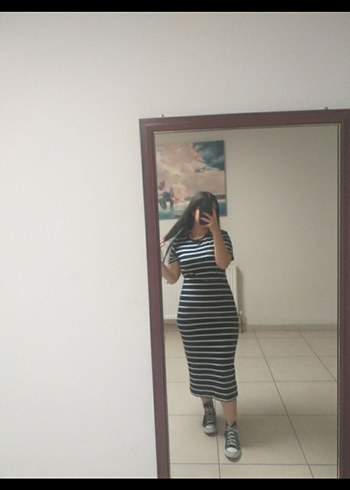 Mavi Çizgili Pamuklu Midi Elbise - Görsel 2