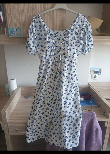 Mavi Çiçek Desenli Midi Elbise - Görsel 3