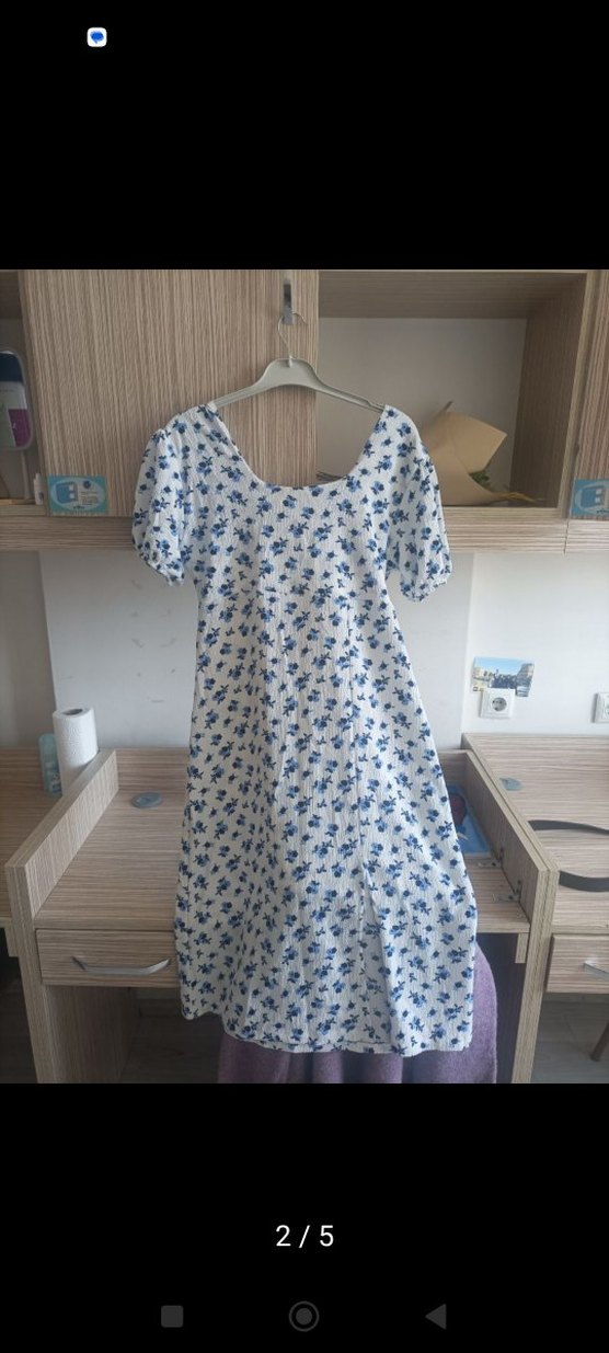 Mavi Çiçek Desenli Midi Elbise - Görsel 2