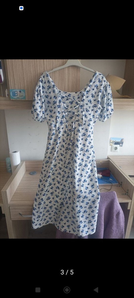 Mavi Çiçek Desenli Midi Elbise - Görsel 3