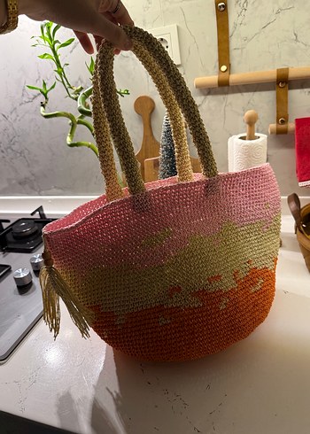 Püsküllü Çok Renkli Örgü Kadın Çanta - Görsel 2