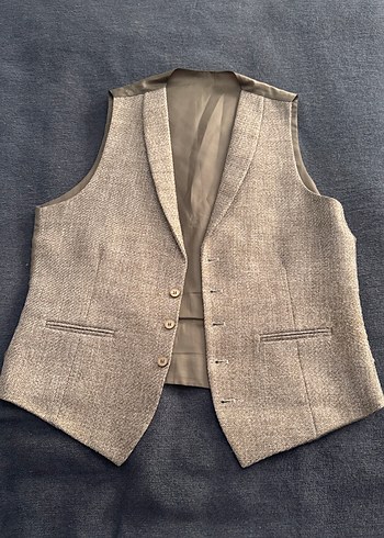 Diğer Bej Melanj Keten Dokulu Klasik Yelek