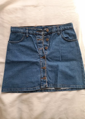 Düğmeli Mavi Denim Mini Etek