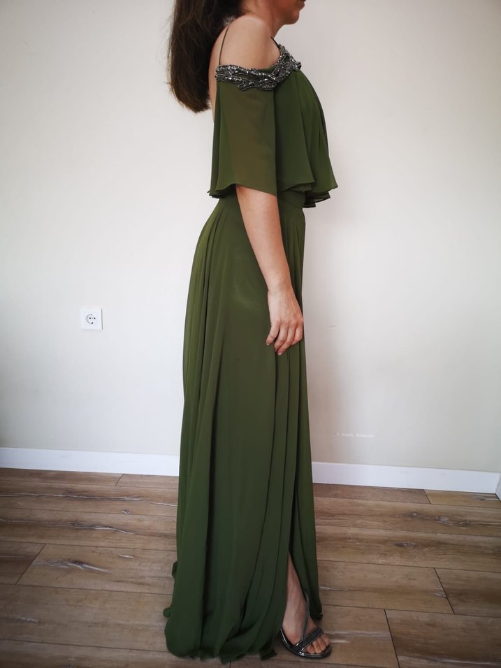 Kadın Haki Uzun Abiye Elbise - Görsel 3
