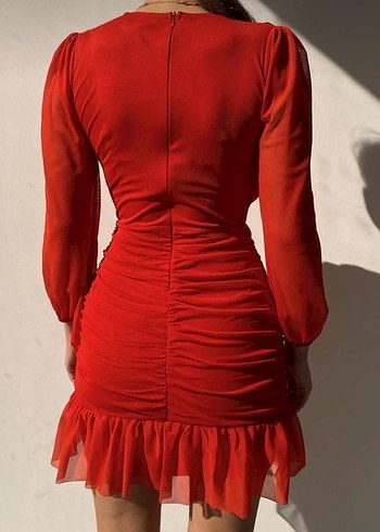 Drapeli V Yaka Kırmızı Mini Elbise - Görsel 4