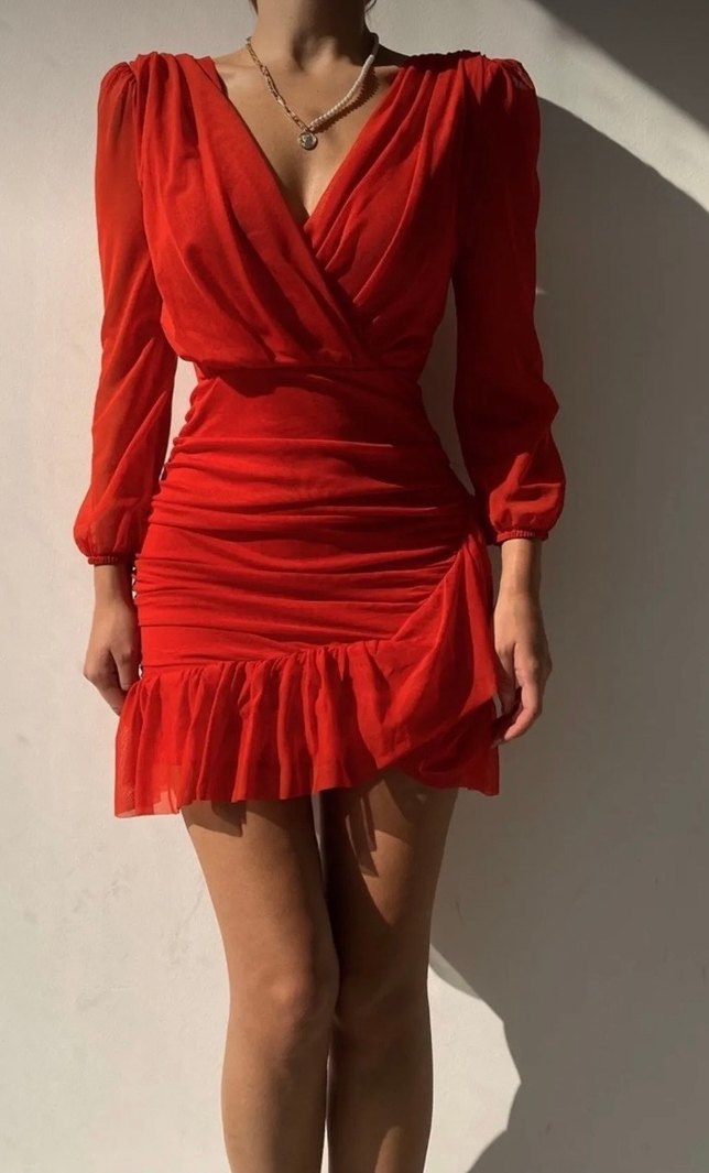 Drapeli V Yaka Kırmızı Mini Elbise - Görsel 3