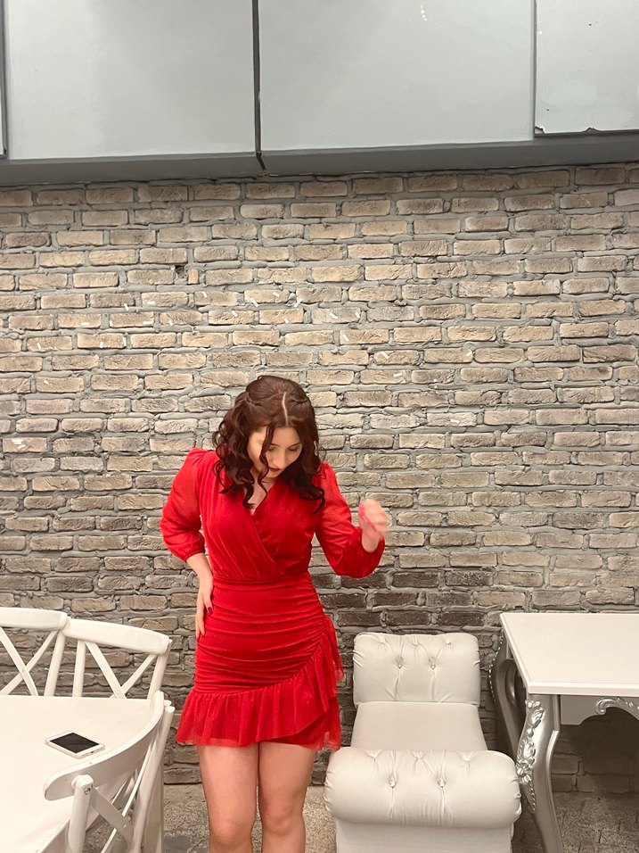 Drapeli V Yaka Kırmızı Mini Elbise - Görsel 5