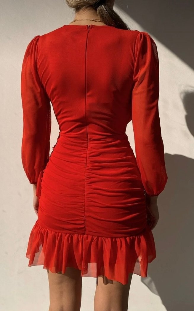 Drapeli V Yaka Kırmızı Mini Elbise - Görsel 4