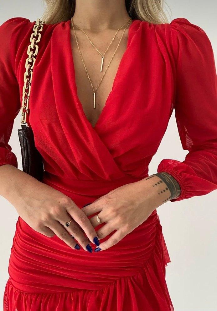 Drapeli V Yaka Kırmızı Mini Elbise - Görsel 2