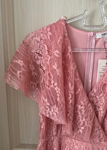 s Beden pembe Renk Pembe Dantel İşlemeli Uzun Abiye Elbise