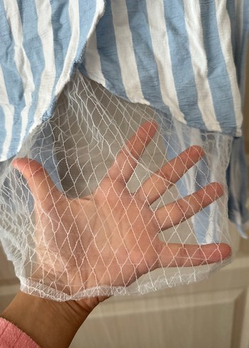 Mavi Çizgili Düğmeli Uzun Kollu Keten Gömlek - Görsel 9