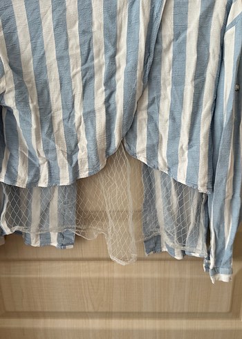 Mavi Çizgili Düğmeli Uzun Kollu Keten Gömlek - Görsel 7