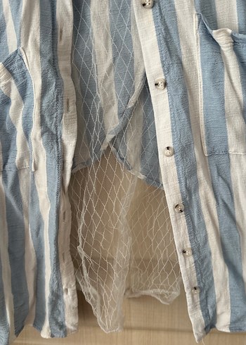 Mavi Çizgili Düğmeli Uzun Kollu Keten Gömlek - Görsel 5