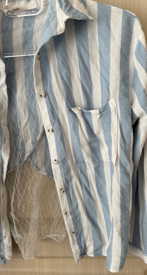 Mavi Çizgili Düğmeli Uzun Kollu Keten Gömlek - Görsel 2