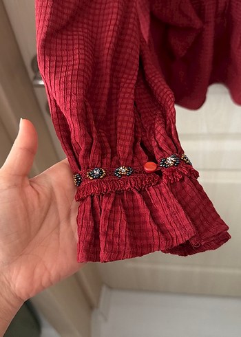 Bordo Uzun Kollu Fırfırlı Bluz - Görsel 2