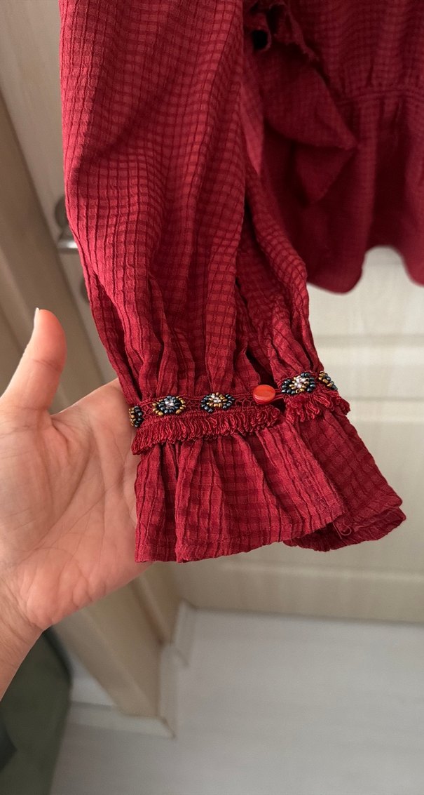 Bordo Uzun Kollu Fırfırlı Bluz - Görsel 2