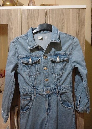 Zara Düğmeli Uzun Kollu Denim Tulum