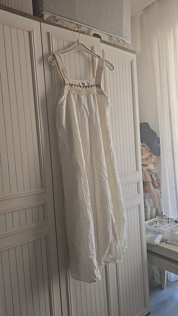 Beyaz Midi Keten Elbise - Görsel 2