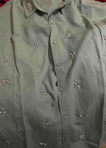 Taşlı Düğmeli Salaş Haki Kadın Gömlek - Görsel 3