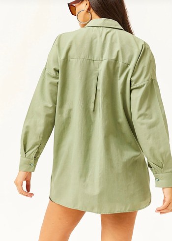 Taşlı Düğmeli Salaş Haki Kadın Gömlek - Görsel 2