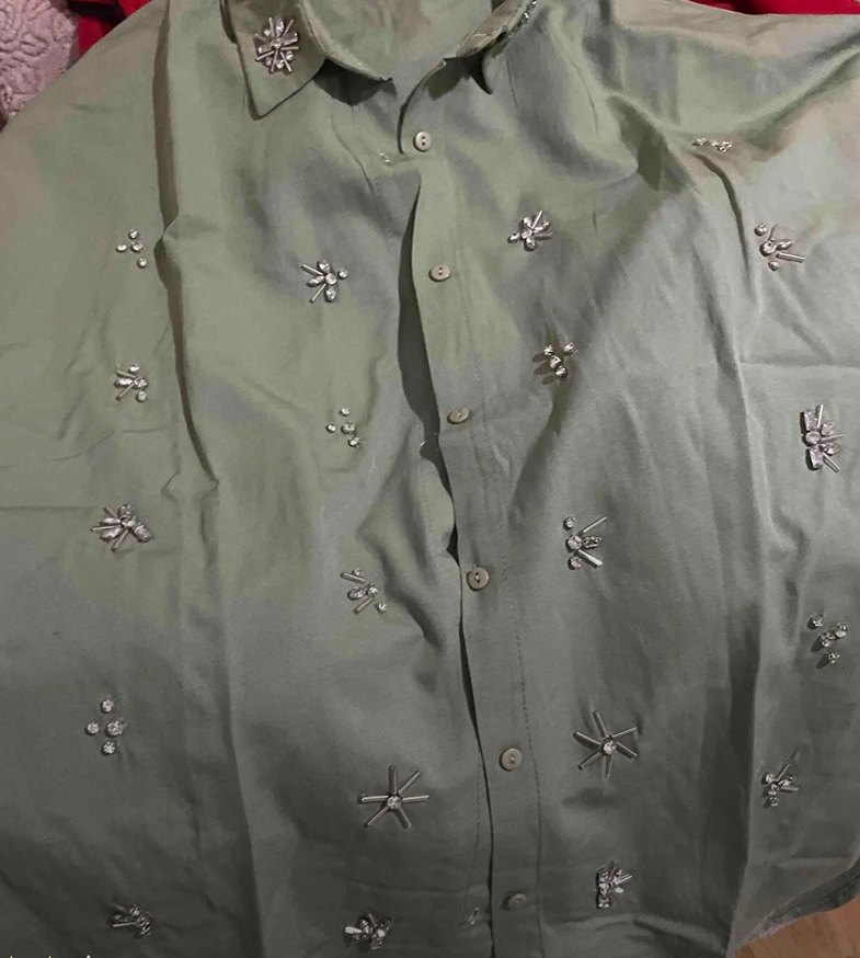 Taşlı Düğmeli Salaş Haki Kadın Gömlek - Görsel 3