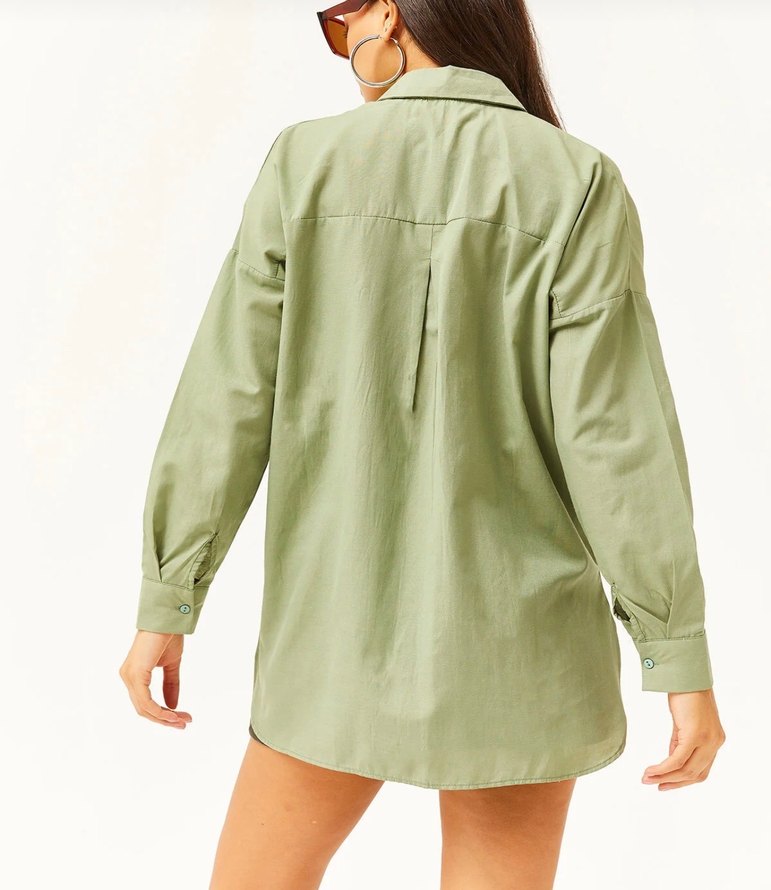 Taşlı Düğmeli Salaş Haki Kadın Gömlek - Görsel 2