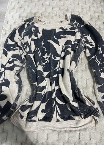 Gri Bağlama Desenli Uzun Kollu Triko Kazak - Görsel 2