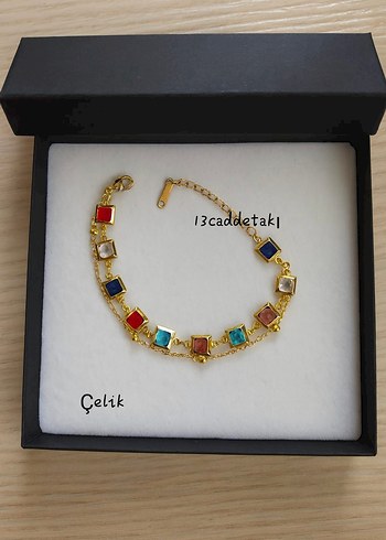 ÇELİK ÇİFT ZİNCİRLİ RENKLİ KARE TAŞLI BİLEKLİK