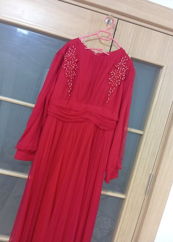 Kırmızı Uzun Kollu Kadın Abiye Elbise - Görsel 3