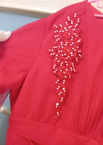 Kırmızı Uzun Kollu Kadın Abiye Elbise - Görsel 4