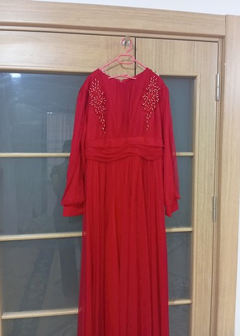 Kırmızı Uzun Kollu Kadın Abiye Elbise - Görsel 2