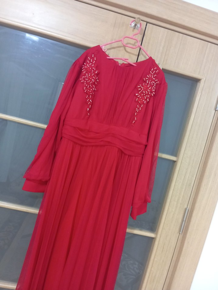 Kırmızı Uzun Kollu Kadın Abiye Elbise - Görsel 3