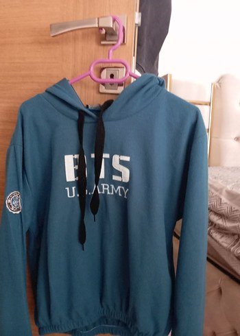 Kapüşonlu, Baskılı, Kemerli Mavi Sweatshirt