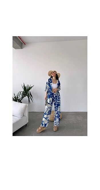 Desenli kimono ve pantolon takım