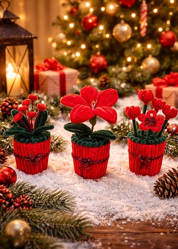 3'lü Kırmızı Saksı Çiçek Seti - Görsel 2