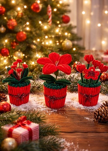 3'lü Kırmızı Saksı Çiçek Seti - Görsel 3