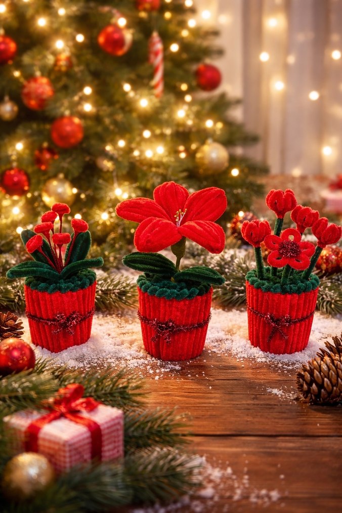 3'lü Kırmızı Saksı Çiçek Seti - Görsel 3