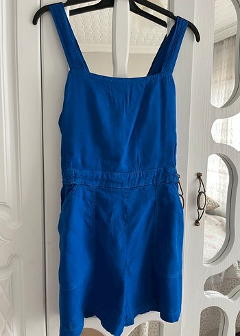 Kadın Mavi Denim Askılı Şort Tulum - Görsel 2