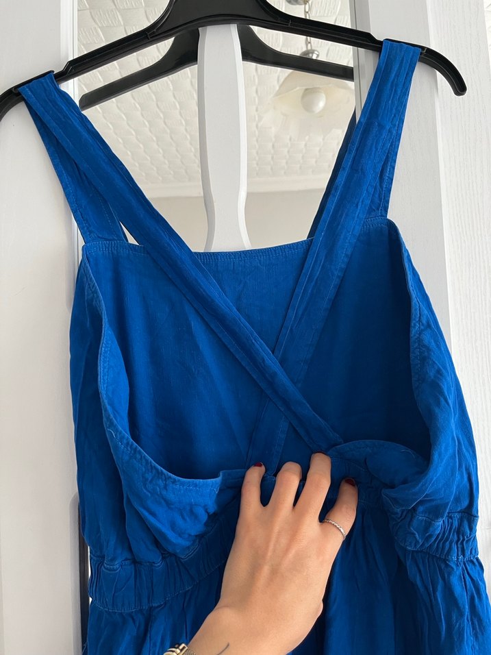 Kadın Mavi Denim Askılı Şort Tulum - Görsel 3