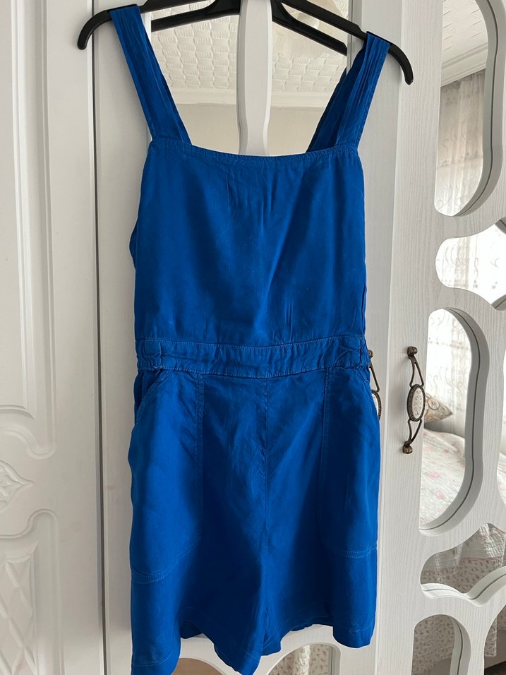 Kadın Mavi Denim Askılı Şort Tulum - Görsel 2