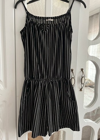 Kadın Siyah Çizgili Mini Tulum - Görsel 2